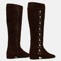 Tuhoomall Fashion Casual Knee High Boots for Women, Comfortable Low Chunky Heel, Lace Up, Studded Details, Perfect for Work and Everyday Style