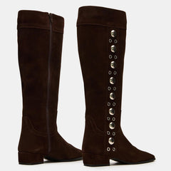 Tuhoomall Fashion Casual Knee High Boots for Women, Comfortable Low Chunky Heel, Lace Up, Studded Details, Perfect for Work and Everyday Style Tuhoomall
