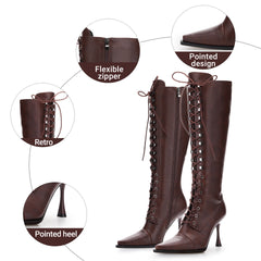 Tuhoomall Fashion Women's Knee-High Stiletto Boots, Elegant Party Wear with Lace-Up and Studs, Perfect for Weddings and Casual Outings