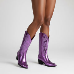 Tuhoomall Western Style Embroidered Mid Calf Boots for Women, Pointed Toe, Chunky Low Heel, Fashionable All-Season Footwear, Perfect for Parties