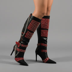 Tuhoomall Stiletto Knee-High Boots with Metallic Studs and Chic Design for Parties and Performances