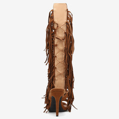 Tuhoomall High Heel Open Toe Booties with Fringe and Stone Detail for Party and Fashion Runway Events