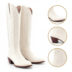 Tuhoomall Western Mid Calf Boots for Women, Embroidered Vegan Leather, Casual Chunky Heel, Spring Autumn Winter Fashion