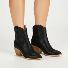 Tuhoomall Western LOW Heel Ankle Boots, Zipper Closure, Chic Rhinestone Detail, Solid Color, Perfect for Parties and All-Season Fashion