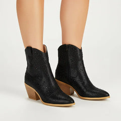 Tuhoomall Western LOW Heel Ankle Boots, Zipper Closure, Chic Rhinestone Detail, Solid Color, Perfect for Parties and All-Season Fashion Tuhoomall