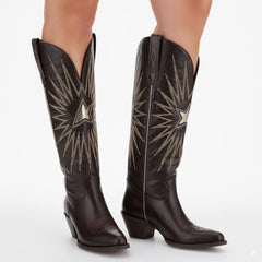 Tuhoomall Western Knee High Boots For Women - Stylish Embroidered Design, Chunky Heel For Comfort, Perfect For Casual And Formal Occasions