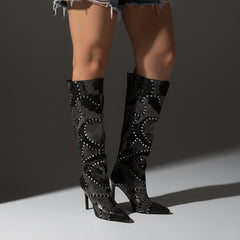 Tuhoomall Western Style Knee-High Glittering Stiletto Boots for Parties and Performances with Rhinestones and Geometric Patterns