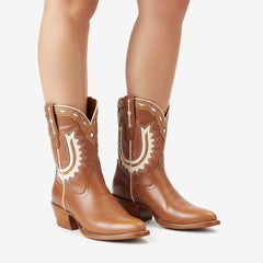 Tuhoomall Stylish Women's Ankle Boots with Embroidery and Laser Cut Out, Perfect for Parties and Performances, Comfortable Chunky Heel Design