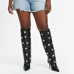 Tuhoomall Stylish Knee-High Women's Boots with Pointed Toe, Hollow Design and Metal Accents for Parties, Performances and Fashion Events