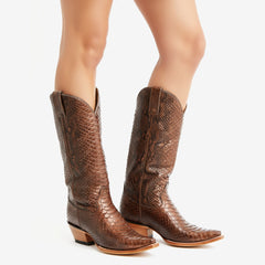 Tuhoomall Western Style Knee-High Cowboy Boots For Women, Comfortable Ankle Design, Fashionable Casual Look With Faux Leather In Crocodile & Snake Patterns