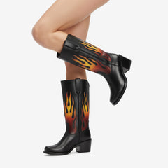 Tuhoomall Comfortable Mid-Calf Boots with Flame Gradient Design for Travel, Parties, and Performances - Chunky Heel, Slip-On, Floral Embroidery