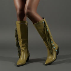 Tuhoomall Western Cowboy Knee-High Boots for Women, Comfortable Suede with Fringe & Metallic Accents, Stylish Block Heel for Outdoor Fashion
