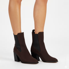 Tuhoomall Stylish Women's Chunky Heel Ankle Booties, Elastic Suede, High Ankle Design for Casual and Work Occasions, Classic Solid Color