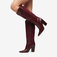 Tuhoomall Fashion Casual Knee-High Boots with Embroidery, Lizard Pattern Chunky Heel for Travel, Work, Party and Evening Wear
