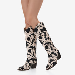 Tuhoomall Western Knee High Cowboy Boots, Animal Print, Stylish Mid Block Heel, Perfect for Parties and Casual Outings