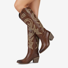 Tuhoomall Western Style Knee High Boots With Rhinestones & Embroidery, Trendy Chunky Heels For Casual Office Wear, All Season Comfort