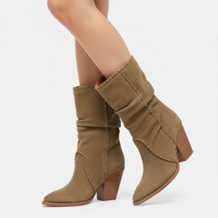 Tuhoomall Western Cowboy Ankle Boots for Women, Stylish Casual Short Boots, Wrinkled Design, Slip-On, Chunky Heel, All-Season Wear