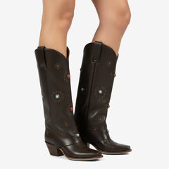 Tuhoomall Western Knee-High Boots With Studs And Embroidery, Casual Fashion For All Seasons, Foldable Design, Chunky Heel, Rubber Sole