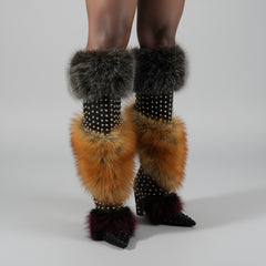 Tuhoomall Stylish Over-the-Knee Chunky Heeled Boots for Parties and Performances with Faux Fur and Studs