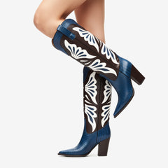 Tuhoomall Fashion Casual Knee-High Boots with Embroidery, Lizard Pattern Chunky Heel for Travel, Work, Party and Evening Wear