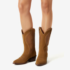 Tuhoomall Western Style Casual Ankle Boots for Women, Comfortable Pointed Toe Chunky Heels, Woven Faux Suede, All-Season Fashion Footwear