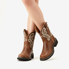 Tuhoomall Western Cowboy Ankle Boots for Women, Embroidered Short Boots for Outdoor Fashion Casual Wear, Comfortable Round Toe with Slip-On Design