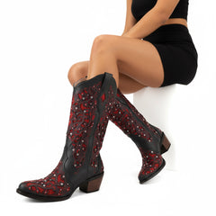 Tuhoomall Cowboy Boots for Women Western Square Toe Mid Calf White Cowgirl Boots Rhinestone Chunky Wedding