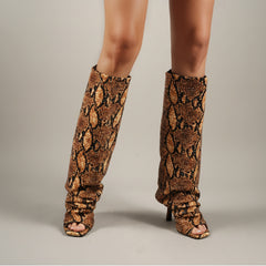 Tuhoomall Stylish Party Peep Toe Knee High Boots with Wrinkle Design and Rhinestone Accents for Trendy Casual Wear