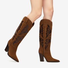 Tuhoomall Fashion Casual Knee-High Boots with Embroidery, Lizard Pattern Chunky Heel for Travel, Work, Party and Evening Wear