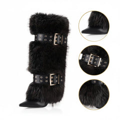 Tuhoomall Knee-High Folded Fashion Boots with Pointed Toe, Faux Fur Design, Adjustable Buckle, Stylish Rubber Sole for Parties and Performances Tuhoomall