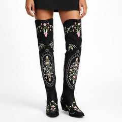 Tuhoomall Western Cowgirl Over-the-Knee Boots With Chunky Heel, Embroidered Floral Design, Comfortable Slip-On Style For Fashionable Outdoor Adventures