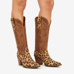 Tuhoomall Fashion Women’s Mid Calf Boots, Embroidered Leopard Pattern, Stylish Chunky Heel for Parties Tuhoomall