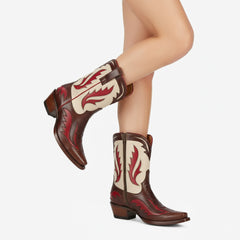 Tuhoomall Western Ankle Boots for Women, Stylish Casual and Workwear, Sharp Toe, Chunky Heel, Zipper Closure, Patches and Embroidery Details