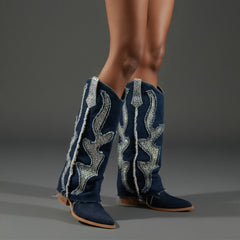 Tuhoomall Western Cowboy Boots for Women - Comfortable Rhinestone Foldable Design for Casual, Outdoor, or Party Wear