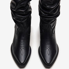 Tuhoomall Western Cowboy Boots For Women, Stylish Wrinkled Mid-Calf Design, Comfortable Slip-On Style, Embroidered Detailing