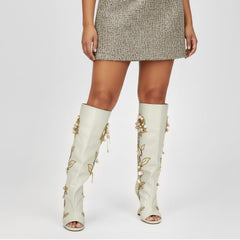 Tuhoomall Over-The-Knee Floral Embellished Heeled Boots for Party and Dance - Stylish Slip-On Design with Rhinestone and Sequin Detail