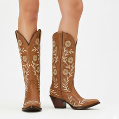 Tuhoomall Western Cowboy Knee High Boots with Floral Embroidery - Comfortable Chunky Heel for Casual, Work, Travel and Party Wear