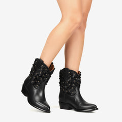 Tuhoomall Fashionable Ankle Boots for Women with Floral Stud Detail, Comfortable Chunky Heel, Perfect for Casual and Work Wear All Year Round