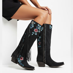 Tuhoomall Western Cowboy Boots for Women, Floral Embroidered Mid-Calf Chunky Heel, Trendy Fringe Detail, Perfect for Casual Outings and Performances
