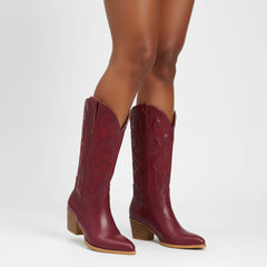 Tuhoomall Western Style Embroidered Mid Calf Boots for Women, Pointed Toe, Chunky Low Heel, Fashionable All-Season Footwear, Perfect for Parties