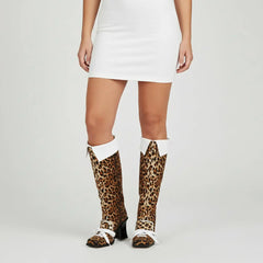 Tuhoomall Knee-High Cowboy Boots for Parties, Animal Print, Chunky Heel, Cross-Strap Design, All-Season Fashion Footwear Tuhoomall