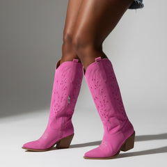 Tuhoomall Western Knee-High Boots For Women With Embroidery And Zipper, Chunky Heel For Travel, Outdoor, Fashion Casual, Party And Dance