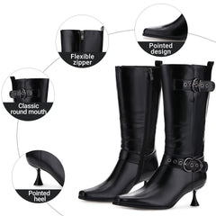 Tuhoomall Stylish Low-Cut Ankle Boots for Parties and Runway Shows, Adjustable Buckle, 5cm Kitten Heel, Solid Color with Metallic Accents, All-Season Comfort