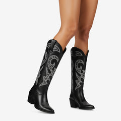 Tuhoomall Western Style Knee High Boots With Rhinestones & Embroidery, Trendy Chunky Heels For Casual Office Wear, All Season Comfort