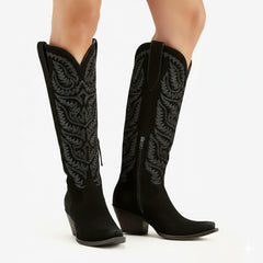 Tuhoomall Western Cowboy Knee High Boots for Women, Floral Embroidery, Comfortable Chunky Heel, Perfect for Travel and Outdoor Fashion