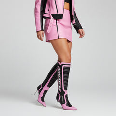 Tuhoomall Knee High Party Boots with Pointed Toe, 10cm Stiletto Heels, Stylish Striped Pattern, Perfect for Fashionable Events