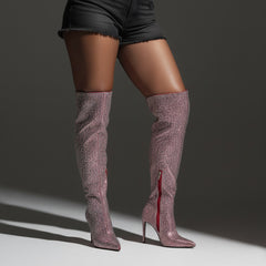 Tuhoomall Over-The-Knee Party Boots with Polka Dot Rhinestones, 12cm Stiletto Heels for Fashionable Evening Wear