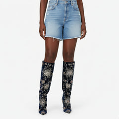 Tuhoomall Over The Knee Floral Embellished Chunky Heeled Boots For Parties And Fashionable Events