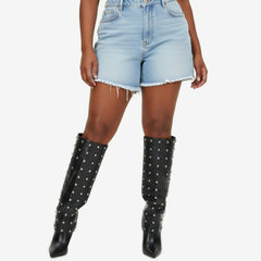 Tuhoomall Knee High Party Boots for Women, Two Piece Design with Studs and Zipper, Stylish High Heel 11.5cm, Perfect for Performances and Special Occasions