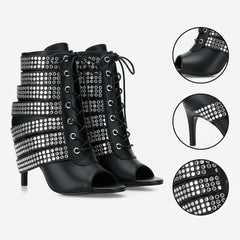 Tuhoomall Western Style Sparkling Ankle Boots with Peep Toe for Parties and Performances, High Heels, Studded Design, All-Season Fashion
